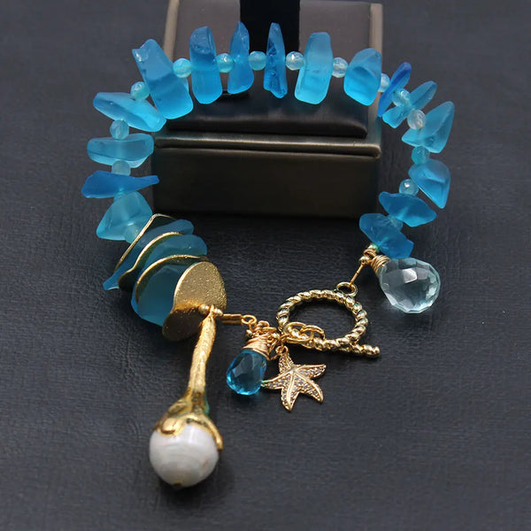 Gold Plated Blue Glass Quartz Keshi Pearl Bracelet with CZ Starfish Charms for Women