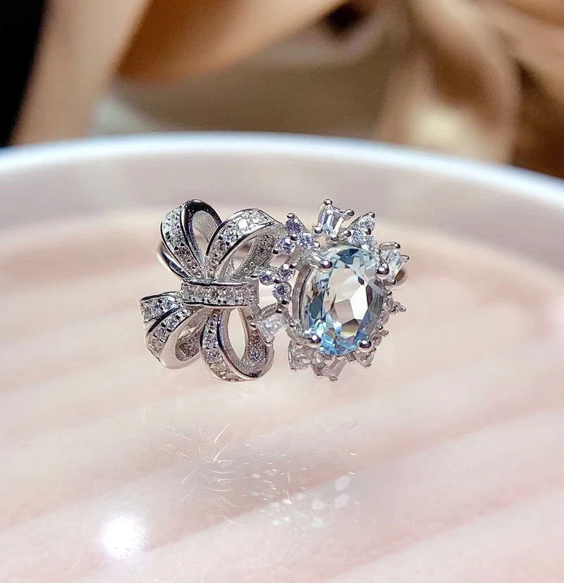 925 Sterling Silver Aquamarine Bow Rings for Women