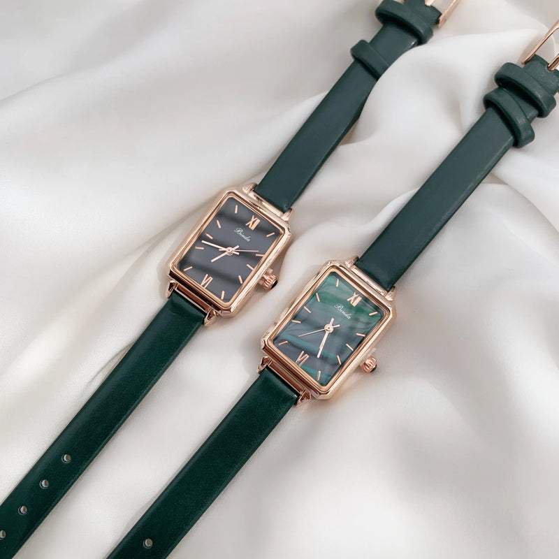 Slim, Green Rectangle Luxury Watch for Women: Quartz Movement, Waterproof, Leather Strap.