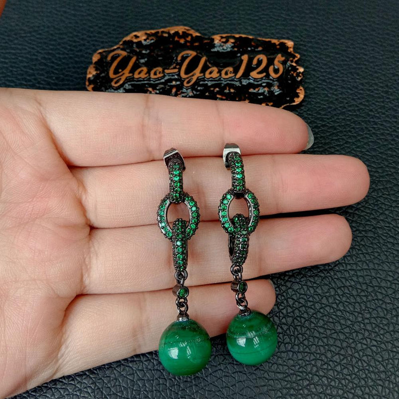 Gunmetal Plated Green Malachite & Cubic Zirconia Stud Earrings for Women