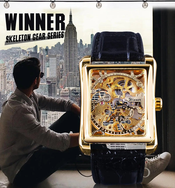 Golden Rectangle Dial Hollow Skeleton Mechanical Watch for Men