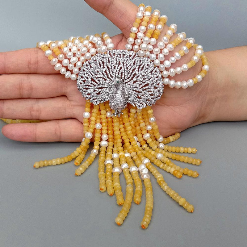Silver 9 Strands Yellow Jade & White Freshwater Pearl Peacock Pendant Necklace for Women