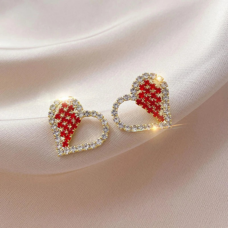 Silver Red Zircon Heart Shape Bow Earrings for Women