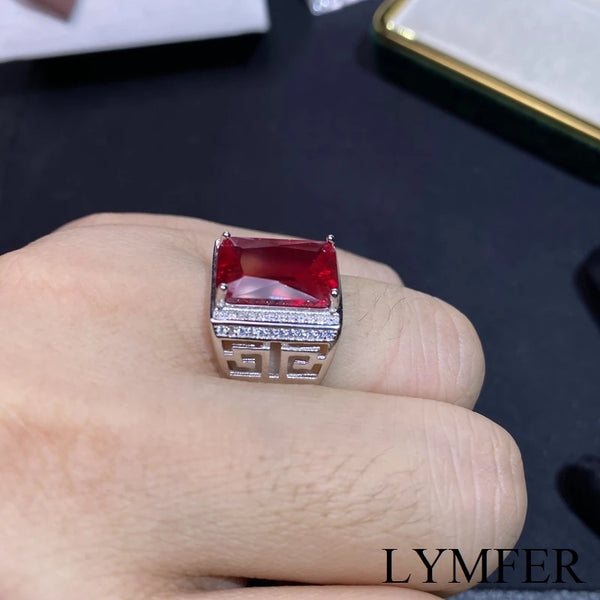 925 Sterling Silver Ruby Ring with Square Gem, Beautiful Color for Men