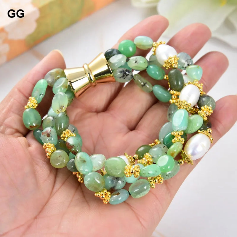 Gold-plated Chrysoprase Cultured Rice Pearl Bracelet 8.5'' for Women