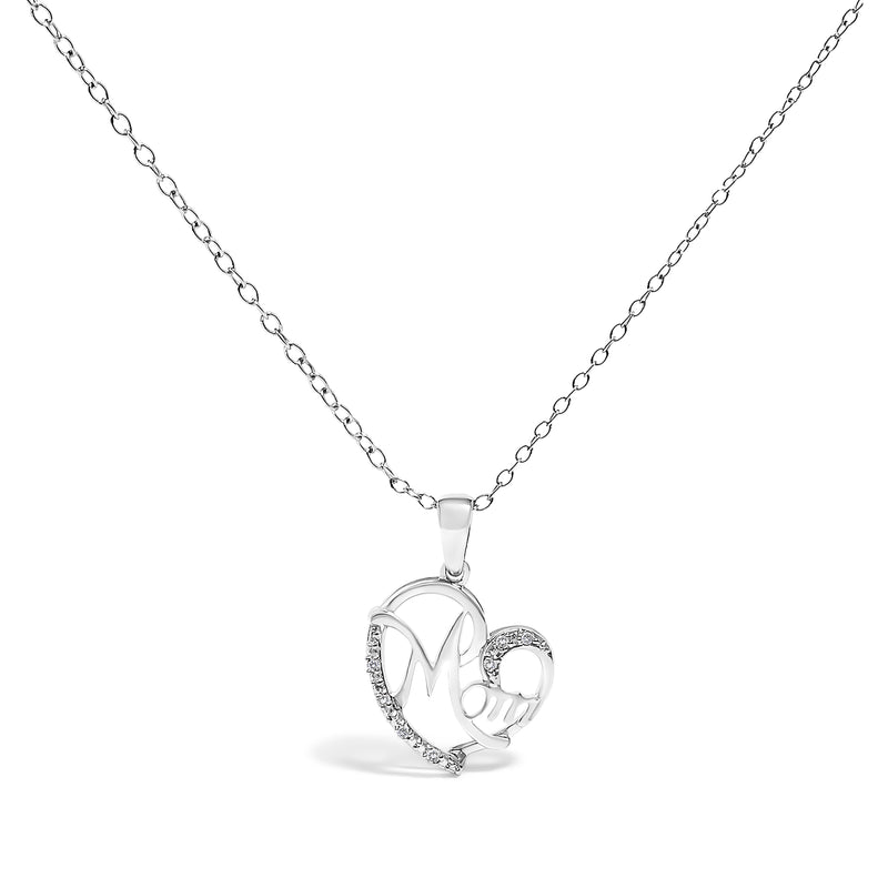 .925 Sterling Silver Cursive Mom Heart Diamond Accent Pendant Necklace (J-K Color, I2-I3 Clarity) - 18" Inches