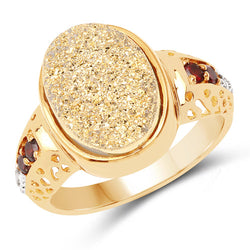 14K Yellow Gold Plated 4.71 Carat Genuine Golden Drusy, Garnet & White Topaz .925 Sterling Silver Ring