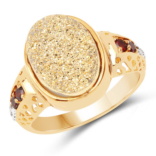 14K Yellow Gold Plated 4.71 Carat Genuine Golden Drusy, Garnet & White Topaz .925 Sterling Silver Ring