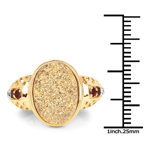 14K Yellow Gold Plated 4.71 Carat Genuine Golden Drusy, Garnet & White Topaz .925 Sterling Silver Ring