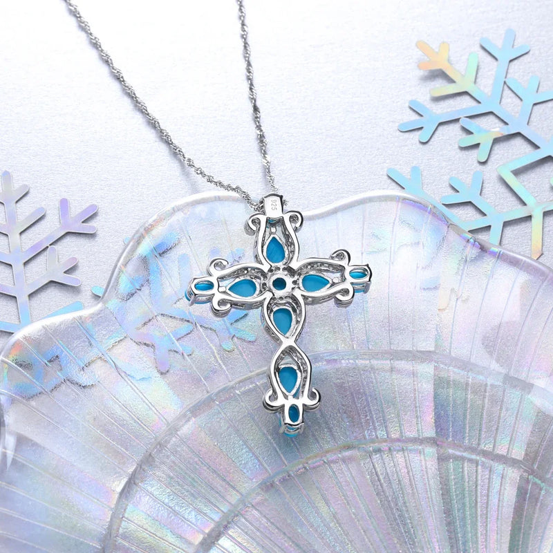 925 Sterling Silver 5.5 Carats Natural Turquoise Sweater Chain Cross Pendant Necklace for Women