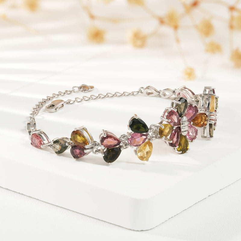 925 Sterling Silver Tourmaline Bracelet, Flower Design for Women