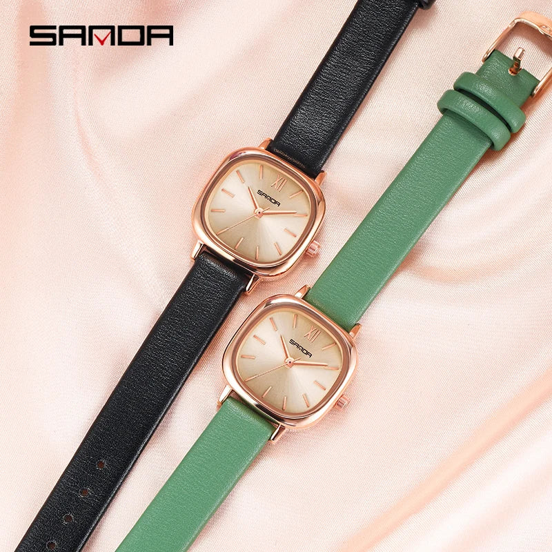 Stainless Steel Leather Mesh Quartz Watch for Women