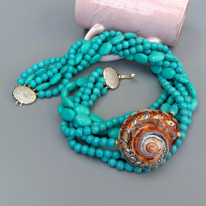 Y.YING 6 Strands Blue Turquoise Natural Sea Turbo Snail Necklace Fashionvacation Jewelry