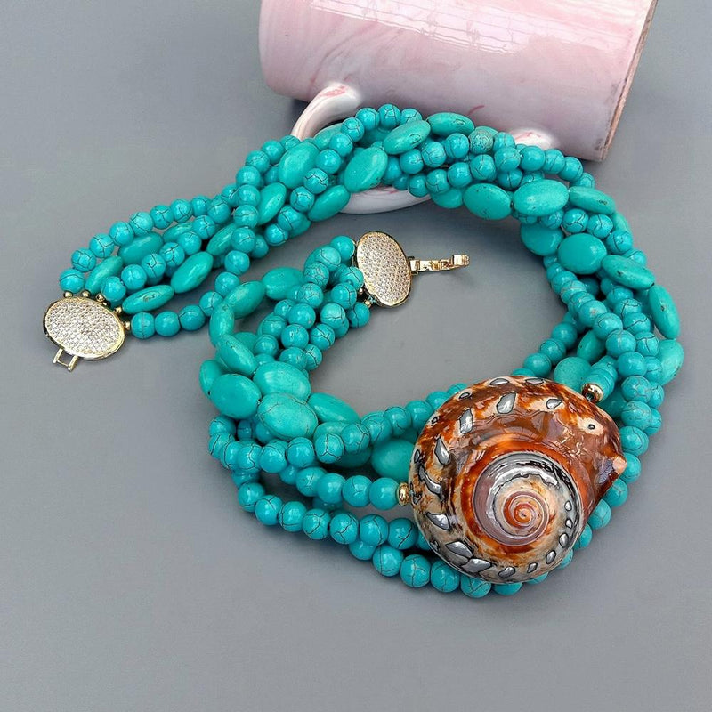 Sterling Silver Blue Turquoise Sea Shell Necklace for Women