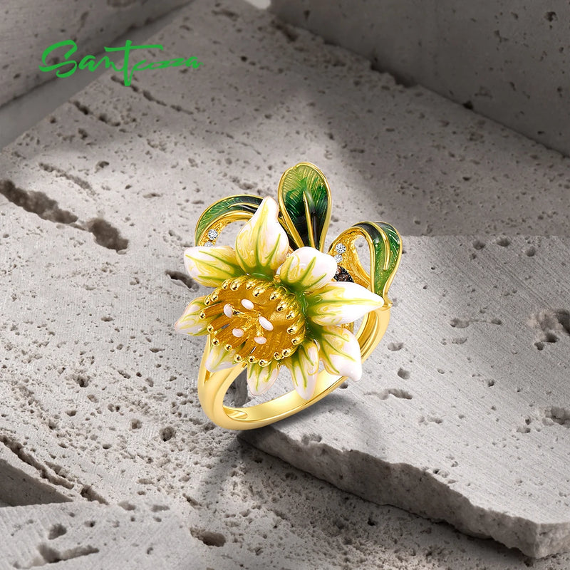 Sterling Silver White Chocolate CZ Enamel Flower Ring for Women