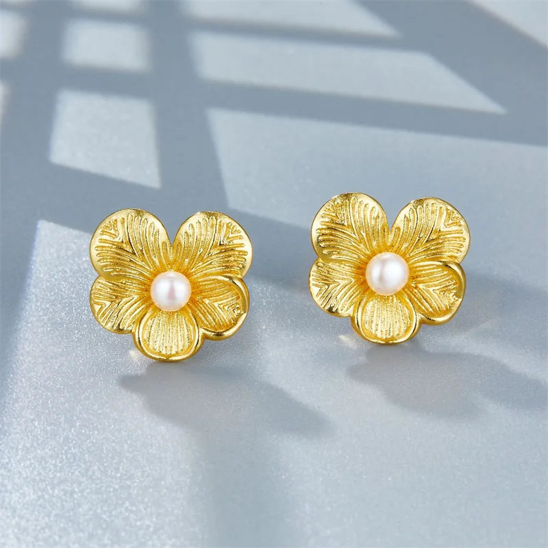 Sterling Silver Gold Plated Natural Freshwater Pearl Flower Earrings for Women