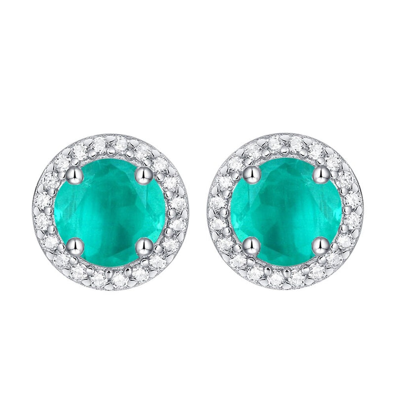 Sterling Silver Round Emerald Paraiba Tourmaline Stud Earrings for Women