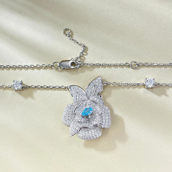 Wong Rain 925 Sterling Silver Aquamarine High Carbon Diamond Gemstone Flower Pendant Necklace for Women Jewelry Anniversary Gift