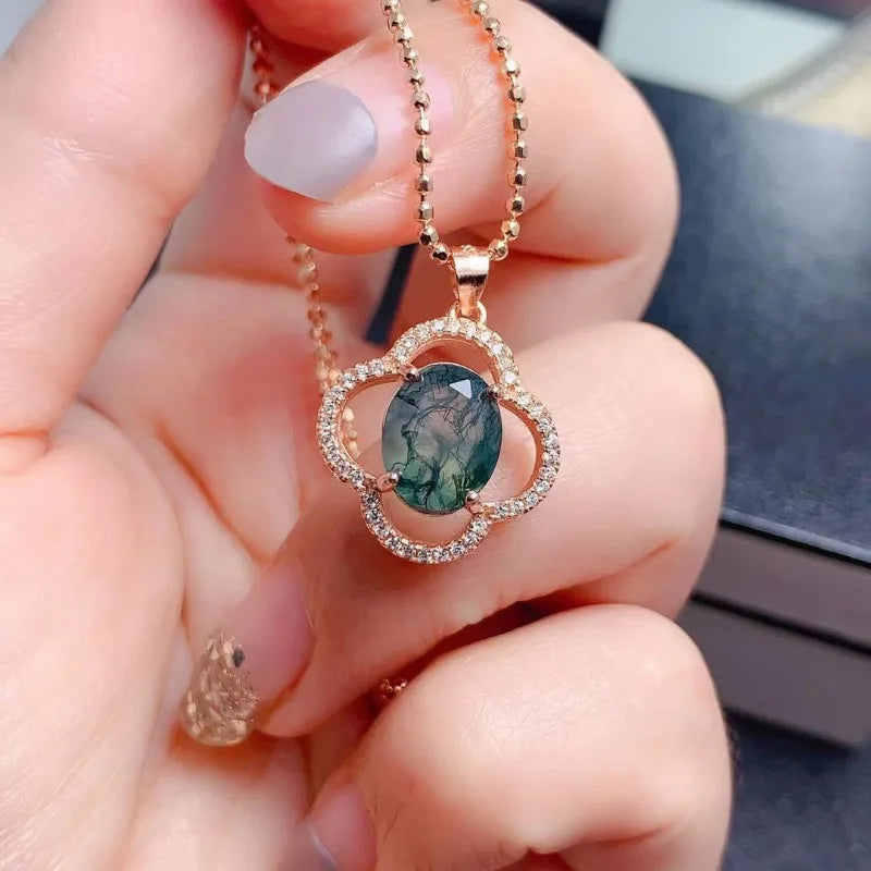 925 Sterling Silver Gold Plated Moss Agate Pendant Set for Women