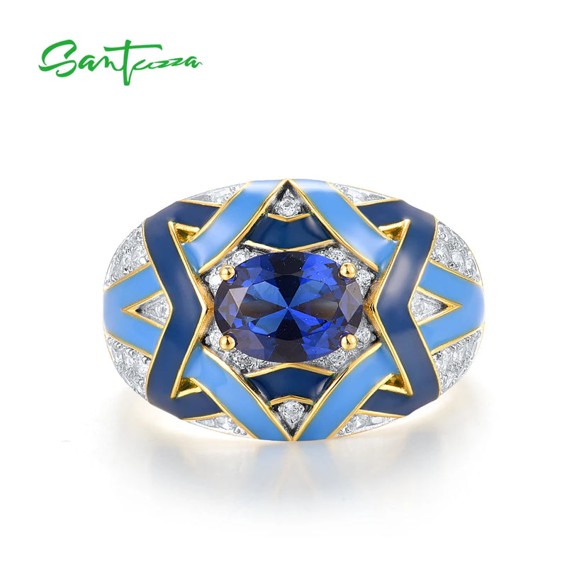 Sterling Silver Blue Spinel Enamel Ring for Women