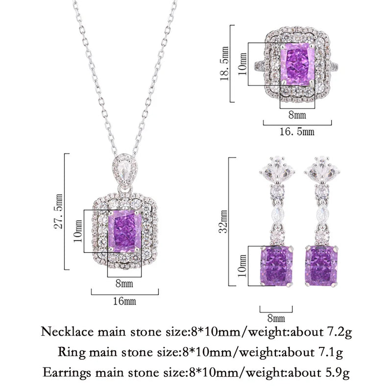 Sterling Silver Amethyst Gemstone Necklace Pendant Ring Earrings Set for Women