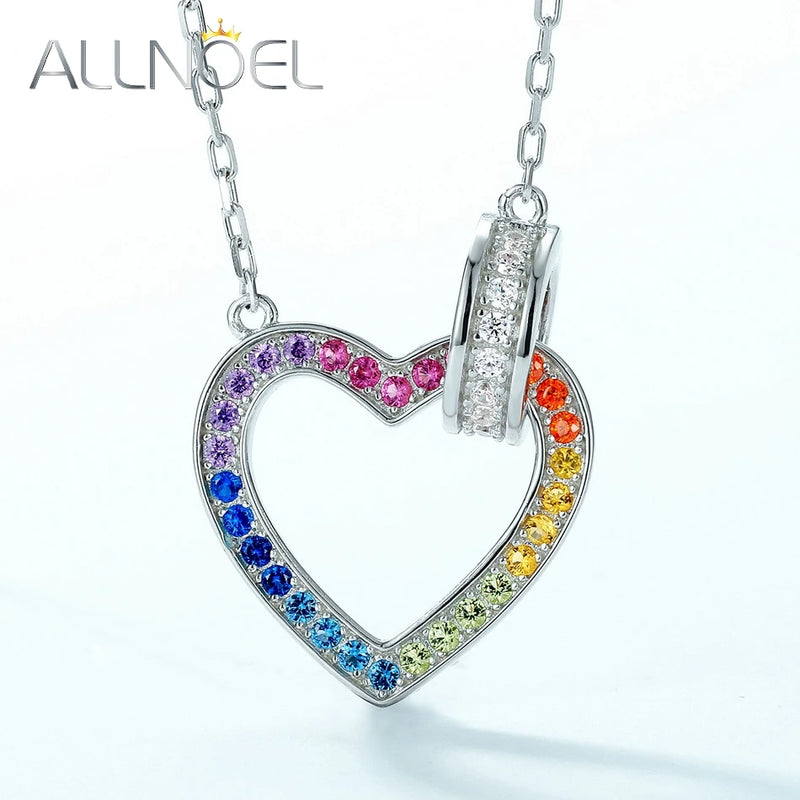 Sterling Silver Rainbow Zircon Heart Pendant for Women