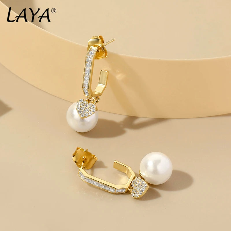 Sterling Silver Sparkling Zircon Shell Pearl Drop Earrings for Women