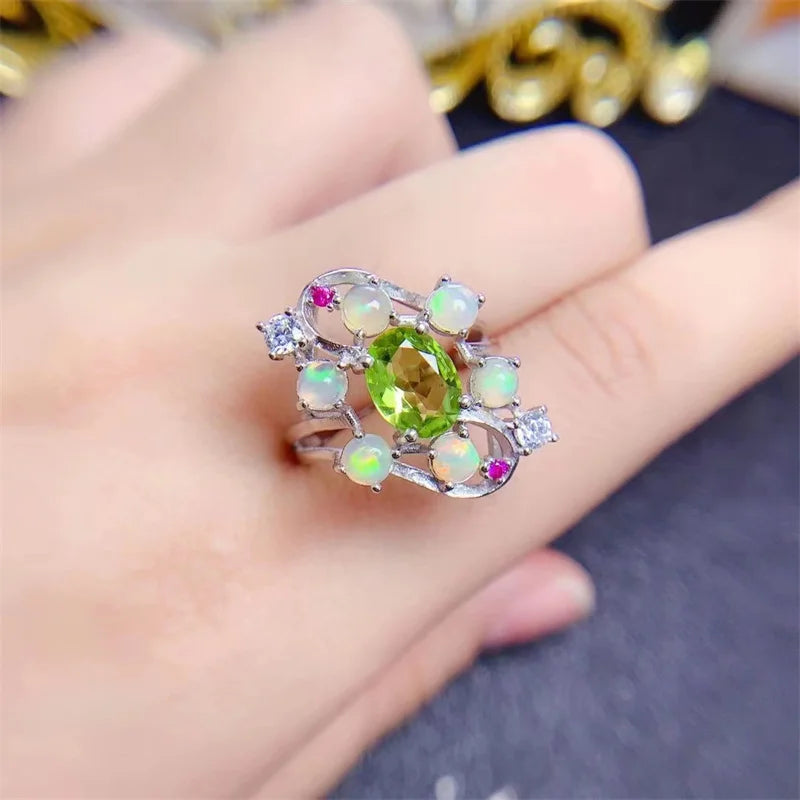 925 Sterling Silver Peridot Opal Ring, Korean Style, for Women