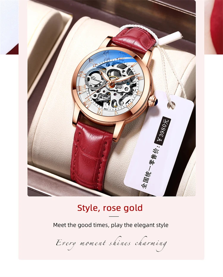 Leather Waterproof Automatic Hollowed Vibrato Watch for Women