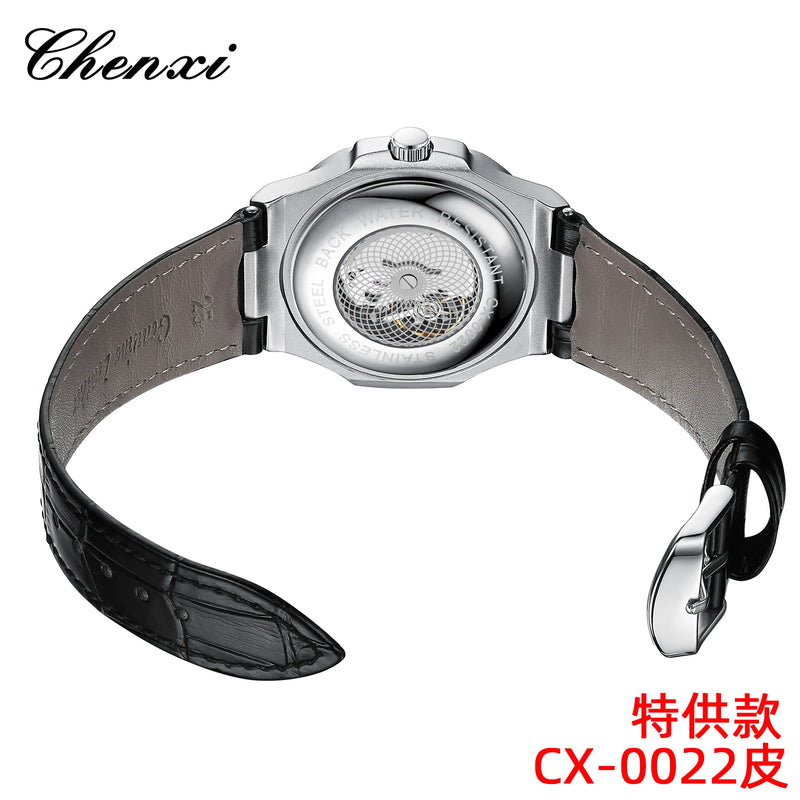 Stainless Steel Leather Luxury Transparent Quartz Watch with Date and Luminous Hands for Men