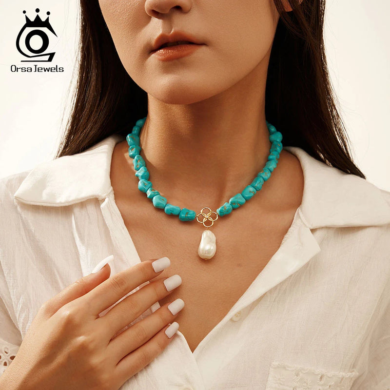 S925 Silver Turquoise Baroque Shell Pendant Necklace for Women