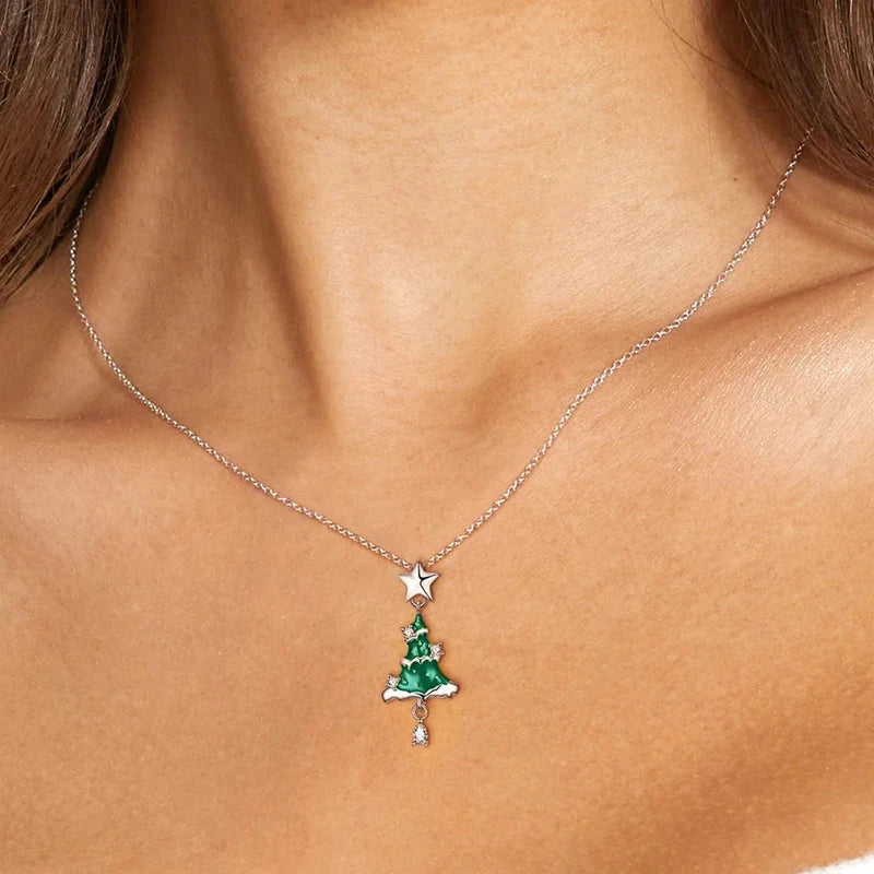 Silver Star Pendant Necklace with Zirconia and Green Enamel for Women