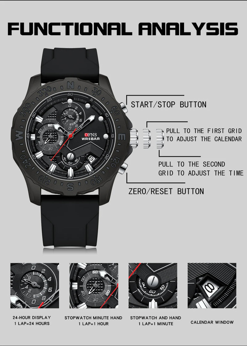 Stainless Steel Military Quartz Chronograph Wristwatch for Men