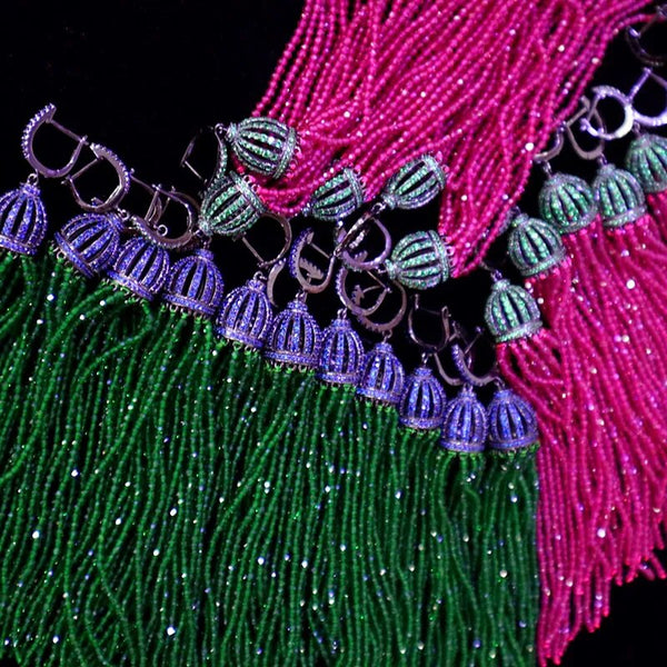 925 Sterling Silver Green and Pink Stone Beaded Tassel Earrings for Women