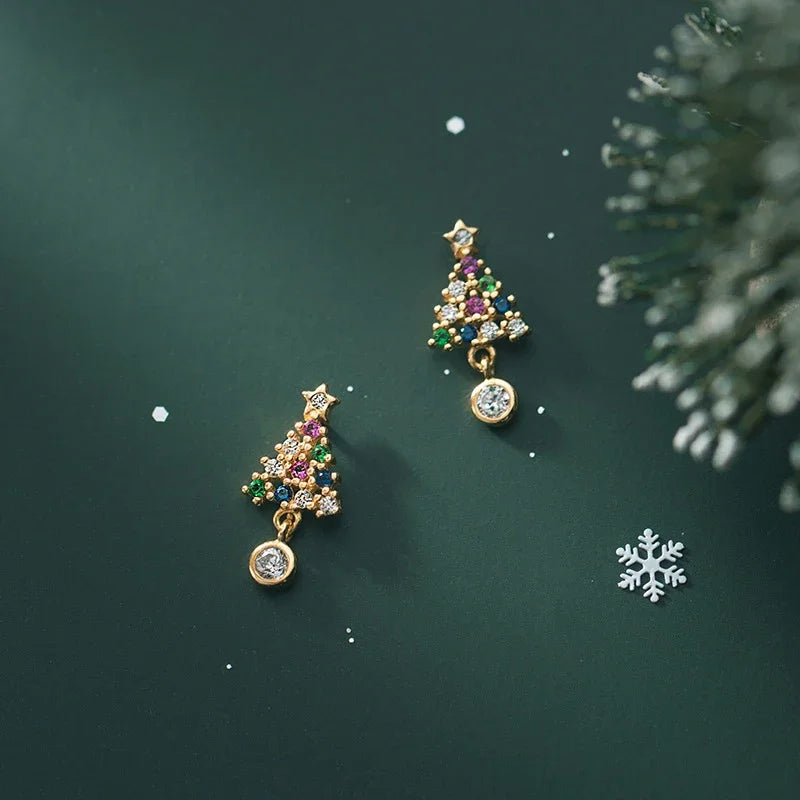 925 Sterling Silver Zircon Christmas Tree Bell Earrings for Women