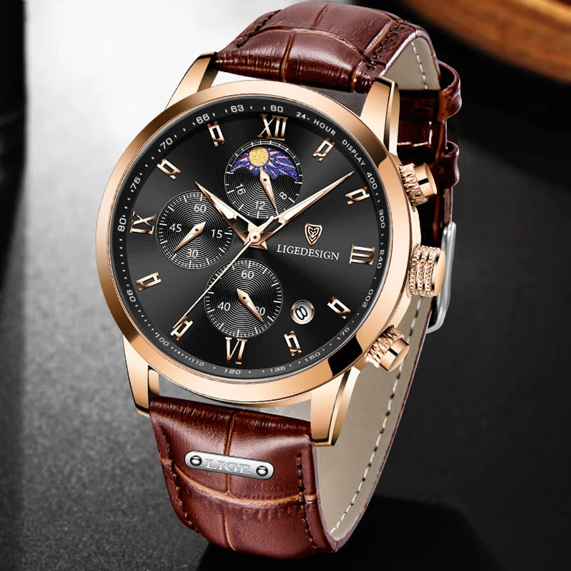 Luxury Men's Fashion Watch with Leather Strap and Waterproof Chronograph Features