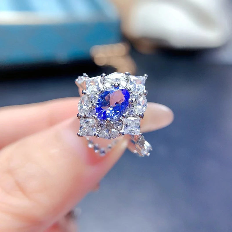 925 Sterling Silver Tanzanite Gemstone Flower Ring for Women