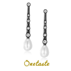 Sterling Silver Black Gold Plated Freshwater Pearl Dangle Earrings for Women