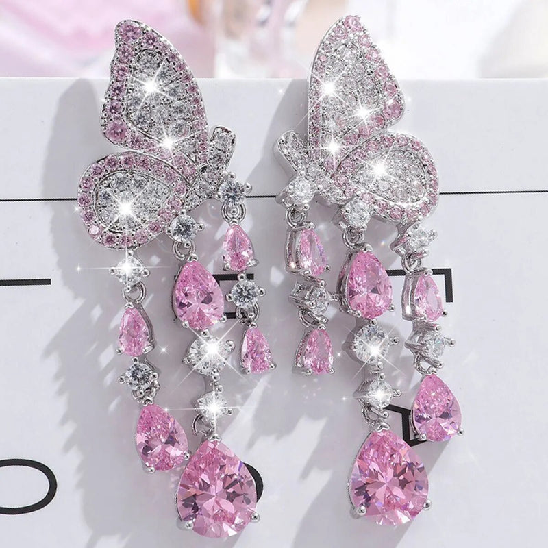 Sterling Silver Twinkle Zircon Butterfly Hanging Tassel Water Drop Earrings for Women