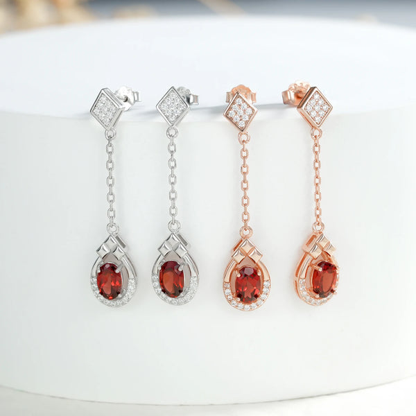 925 Sterling Silver Natural Red Garnet Drop Earrings for Women