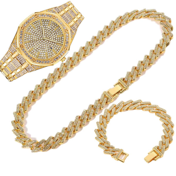 14k Gold Iced Out Diamond Wrist Watch and Chain Set for Men