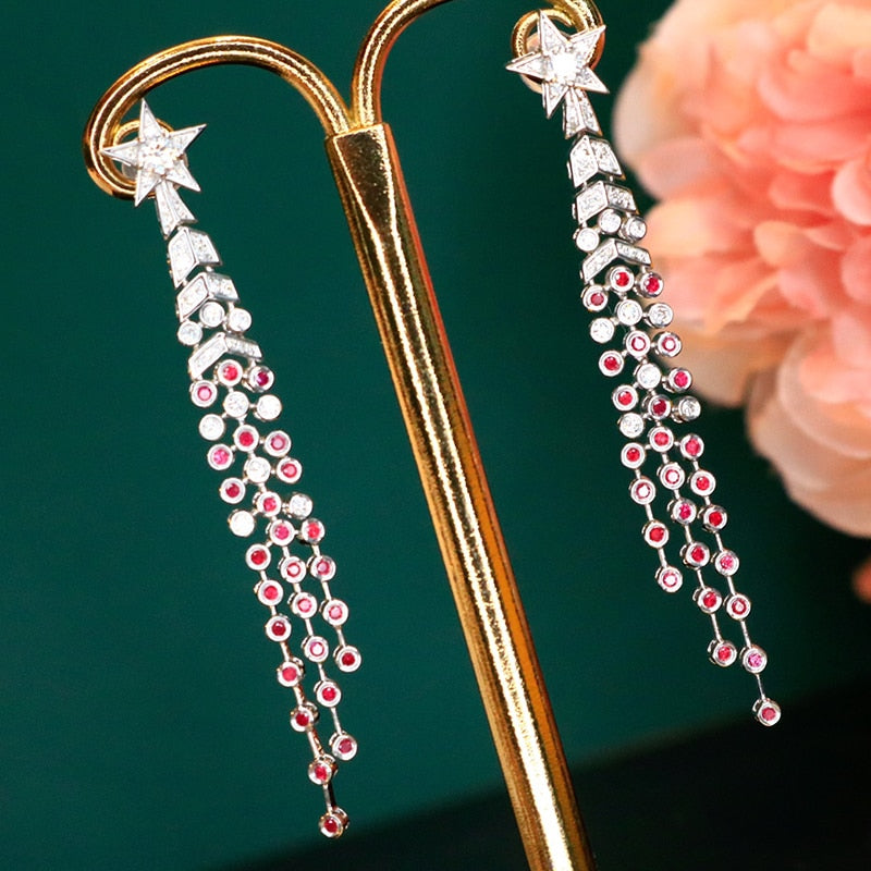 18K White Gold Ruby and Diamond Tassel Earrings for Women