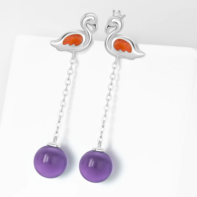 925 Sterling Silver Amethyst Dangling Swan Earrings for Women