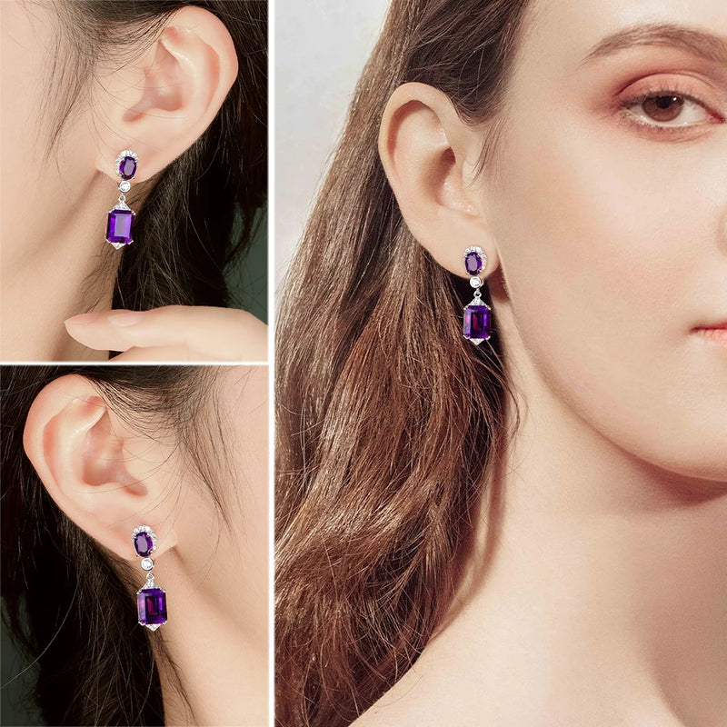 925 Sterling Silver Amethyst Drop Earrings for Women