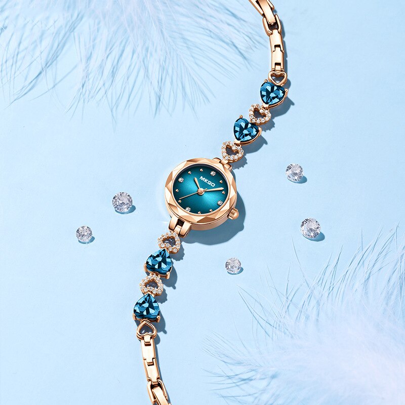 Stainless Steel Blue Crystal Bracelet Watch for Women