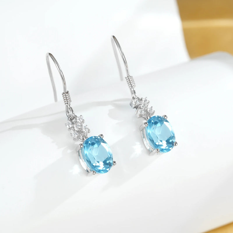 925 Sterling Silver Natural Blue Topaz Dangling Earrings for Women