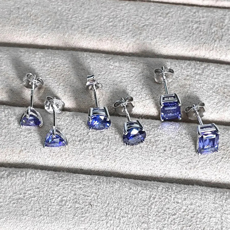 925 Sterling Silver Tanzanite Blue Stud Earrings with 5A Zircon for Women