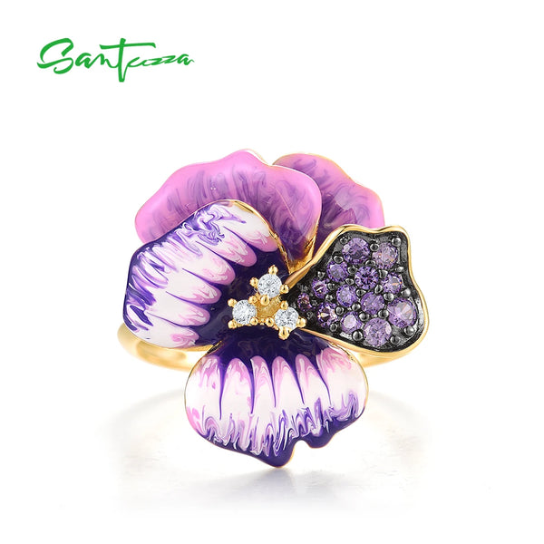 925 Sterling Silver Amethyst Cubic Zirconia Flower Ring for Women