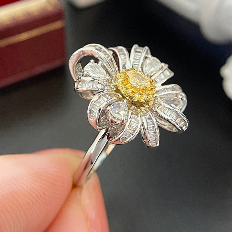 18K White Gold Yellow Diamond Sunflower Shape Ring for Women