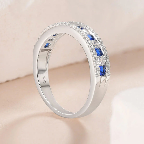 925 Sterling Silver White Blue Sapphire Princess Zircon Eternity Ring for Women